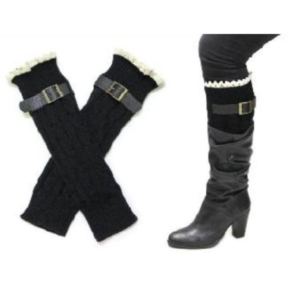 Knee High Black leg Warmers Crochet trim & buckle